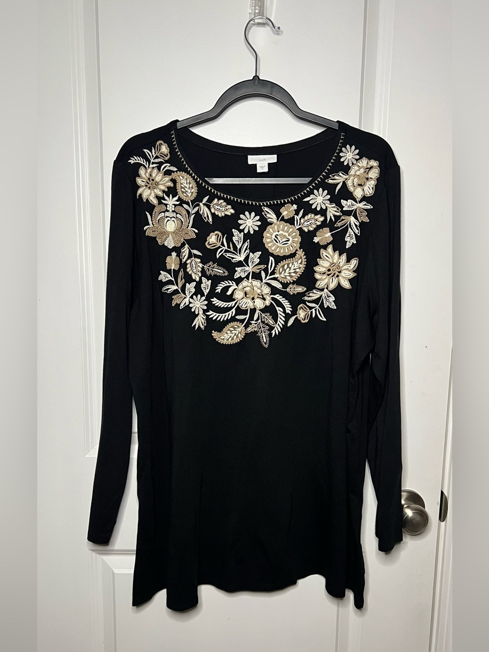 J. Jill Embroidered Tunic Top Womens XL Black Tan Cream Floral Long Sleeve Boho